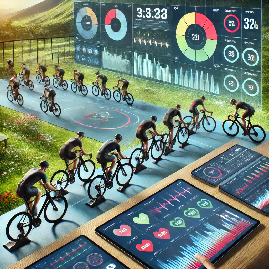 An image showing cyclists following personalised training routines in both outdoor and indoor settings. Progress charts, heart rate monitors, and personalised nutrition plans are displayed on screens, illustrating the benefits of customised fitness plans for improving cycling performance